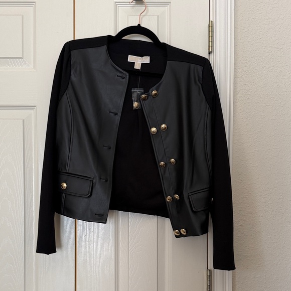 NWT MICHAEL Michael Kors Black Faux Leather & Knit Cropped Jacket – Small - Picture 2 of 7